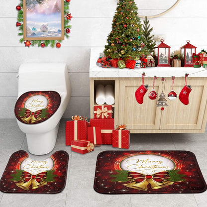 ArtSocket 4 Pcs Shower Curtain Set Christmas Bells Bow Snowflakes Red with Non-Slip Rugs Toilet Lid Cover and Bath Mat Bathroom Decor Set 72" x 72"