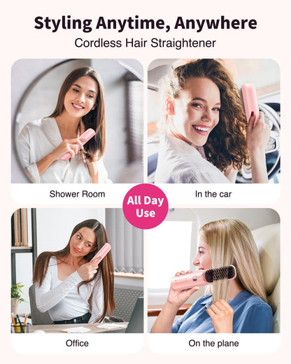 Cordless Hair Straightener Brush - Portable Hair Brush for Travel - 30s Fast Heating - 300 Million Negative Ions for Frizz-Free Shine,Touch Up On-The-Go,Gift for Women,10000mAh