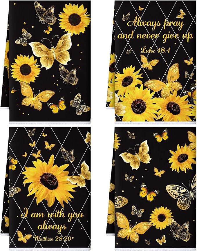 Bencailor 4 Pcs Sunflower Kitchen Towels Butterfly Flower Hand Dish Towels