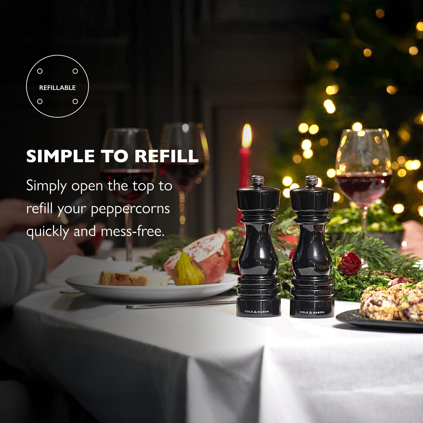 Cole & Mason London Refillable Spice Mill - Kitchen & Home Accessory - Table Black Pepper Grinder - Pepper Mill with Carbon Steel Mechanism - 7", Black Gloss