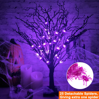 TURNMEON 2FT Prelit Halloween Black Tree Decor with Timer, 25 Spider & 24 Purple Lights Battery Operated Spooky Artificial Tree for Halloween Decorations Indoor Tabletop Fireplace Home Holiday Party
