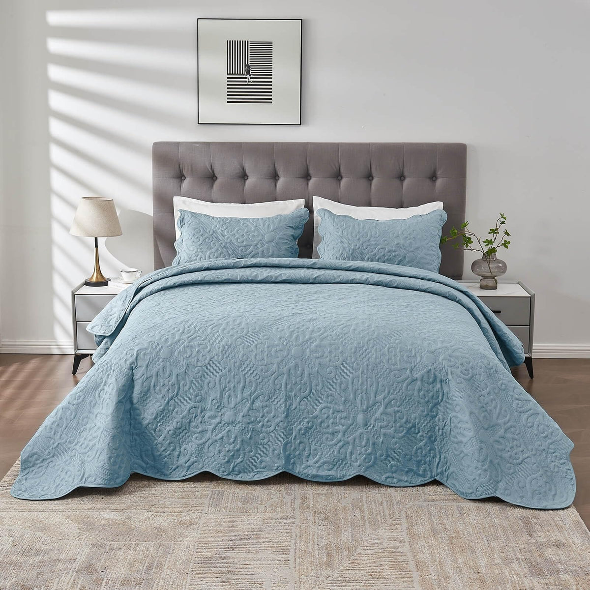 Oversized King Bedspreads 128x120 Extra Wide Quilt for Tall King California King Bed Lightweight 3 Piece Quilted Coverlet Pillow Shams Set Spa Blue