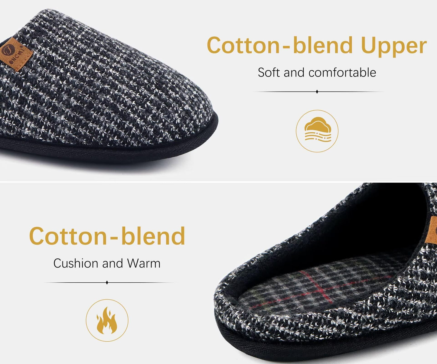 ONCAI Mens Slippers Black Knit Stripes Memory Foam Mule Slippers Slip On Warm House Indoor/Outdoor Shoes With Non-Slip Sole Size 9