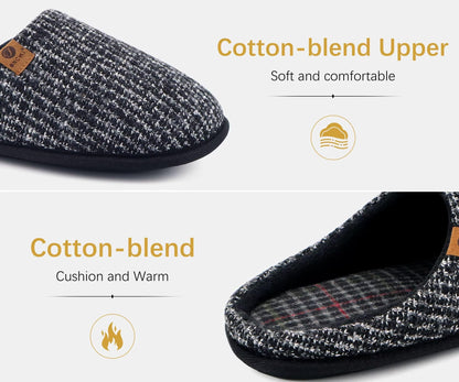 ONCAI Mens Slippers Black Knit Stripes Memory Foam Mule Slippers Slip On Warm House Indoor/Outdoor Shoes With Non-Slip Sole Size 9