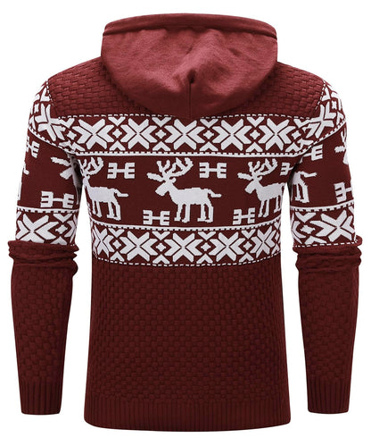 Zaitun Men's Christmas Elk & Geo Pattern Drawstring Hooded Sweater