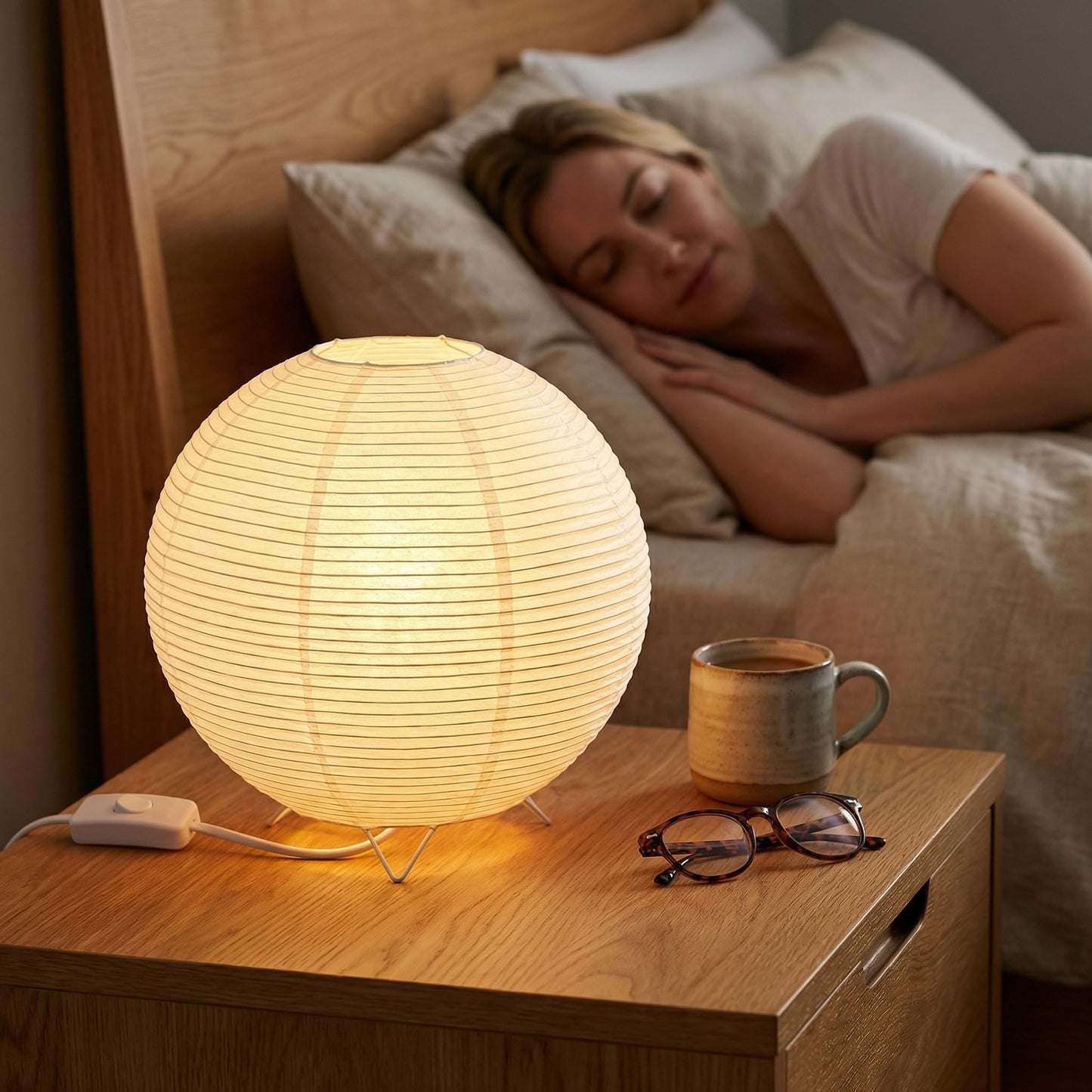 Totority Modern Paper Table Lamp, Japanese Lantern Style Bedside Night Light for Bedroom & Living Room, Minimalist Rice Paper Desk Lamp with Warm White E14 Bulb, Decorative Zen Home Lighting,US Plug