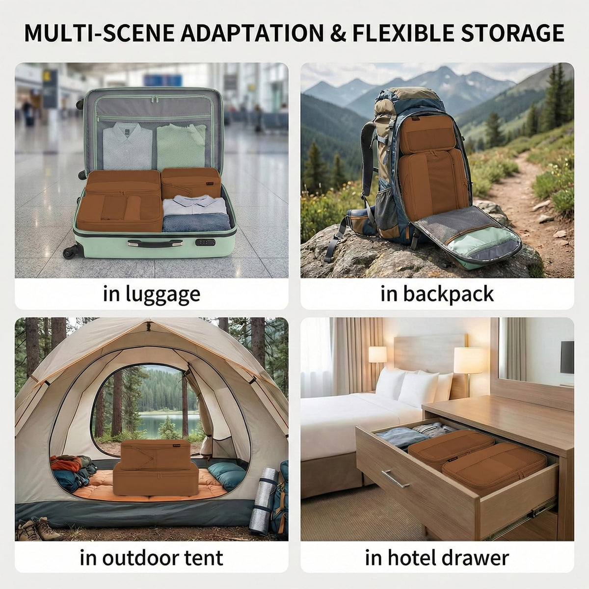 SOARSAIL 4 Piece Compression Packing Cubes for 3–7 Day Travel, Lightweight Travel Organizers with Breathable Mesh, Double-Zipper Packing Cubes for Carry-On & Suitcases (Light Brown)
