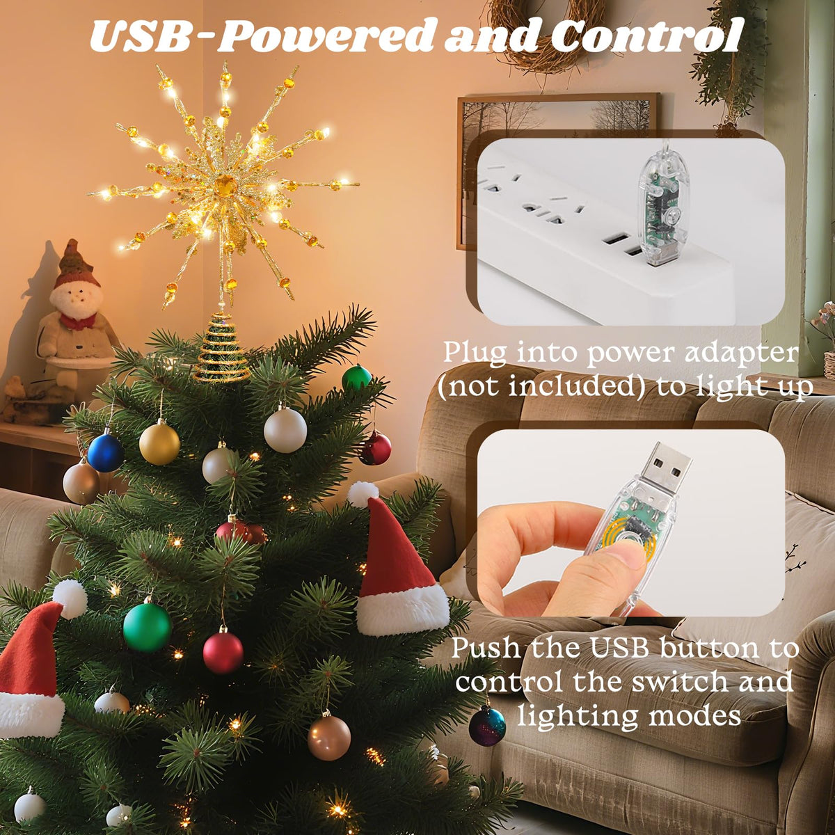 Lewondr Christmas Tree Topper, 12.2'' Metal Xmas Star Tree Topper with 20 LED Bulbs, USB Powered Glittered 12-Pointed Treetop for Christmas Ornaments, Remote Control, 6H Timer, 8 Light Modes, Gold