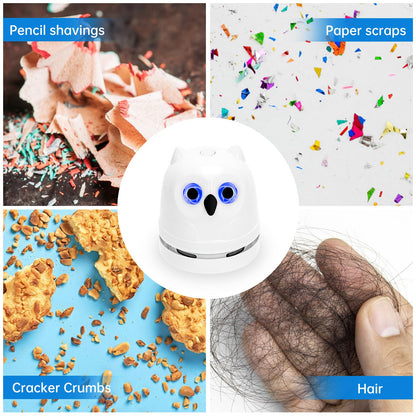 Hallocool Mini Crumb Vacuum Cleaner Owl Tabletop Crumb Sweeper Vacuum USB Recharging Craft Desk Vacuum Cleaner for Glitter Paper Scraps Eraser Crumbs Pencil Shavings Cookie Crumbs