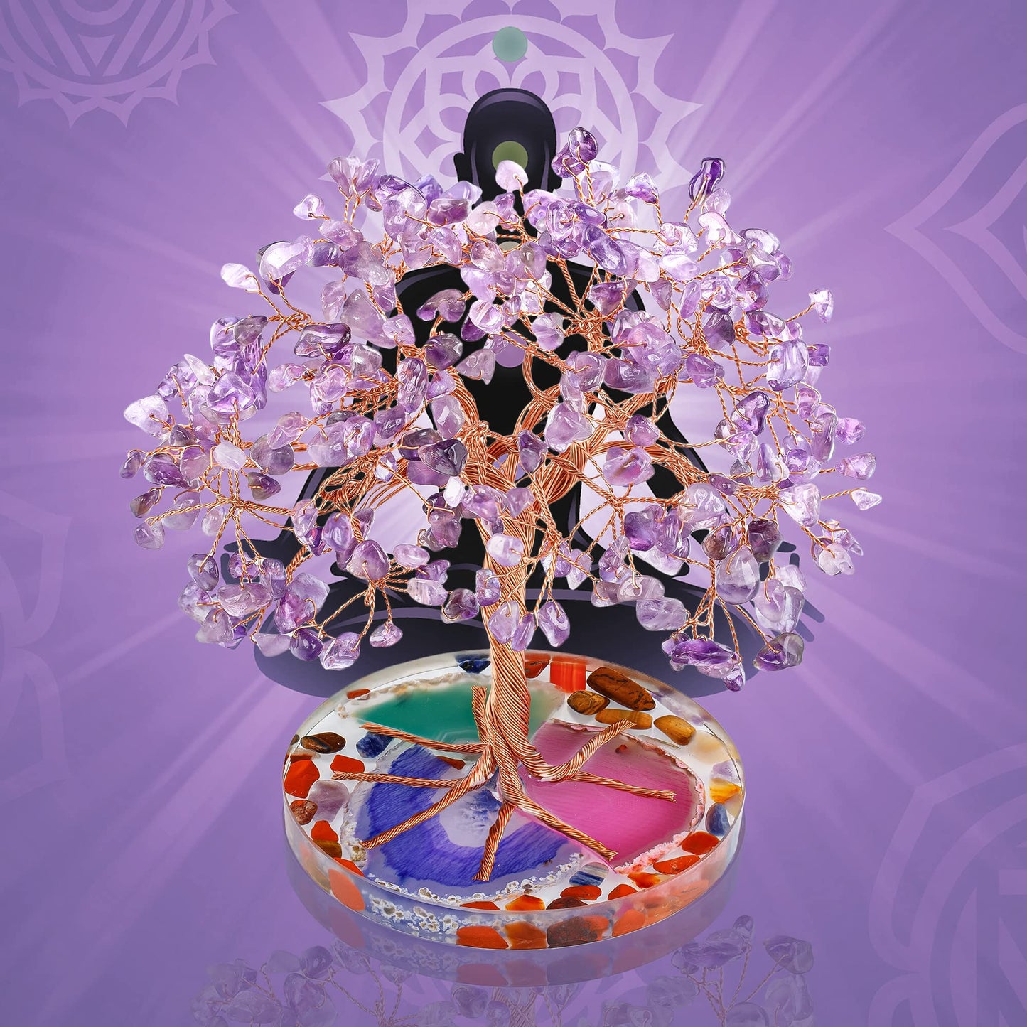 ZenBless 7 Chakra Healing Crystal Stones Tree, Amethyst Leaf Wire Wrapped on Natural Agate Slice Base, Home Decor Desk Room Feng Shui Wealth Luck Spritual Gifts for Valentine's Day Birthday Women