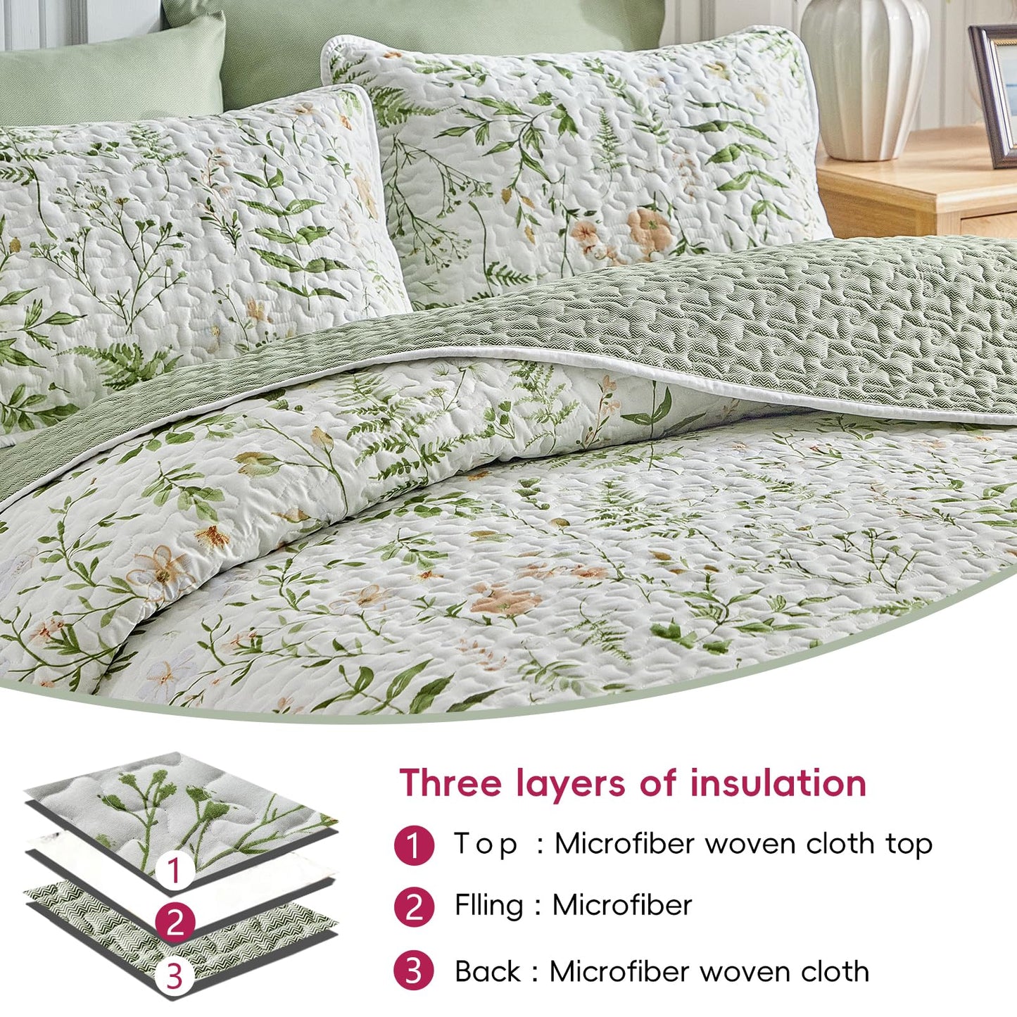 Floral Quilt Set 3 Piece Flower Quilt Sets Queen Size - Reversible Microfiber Quilt with 2 Shams Soft Breathable Botanical Bedding Spring Bedspread Coverlet Summer Comforter All Season Orange Green