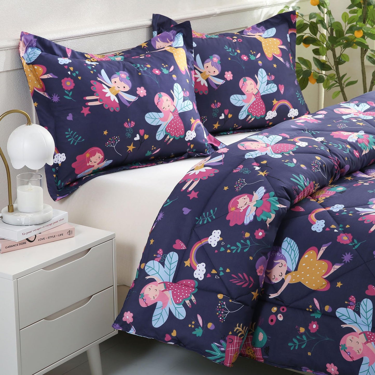 JSD Fairy Kids Comforter Set Twin Size, 2 Piece Girls Floral Printed Microfiber Bedding Set, Machine Washable