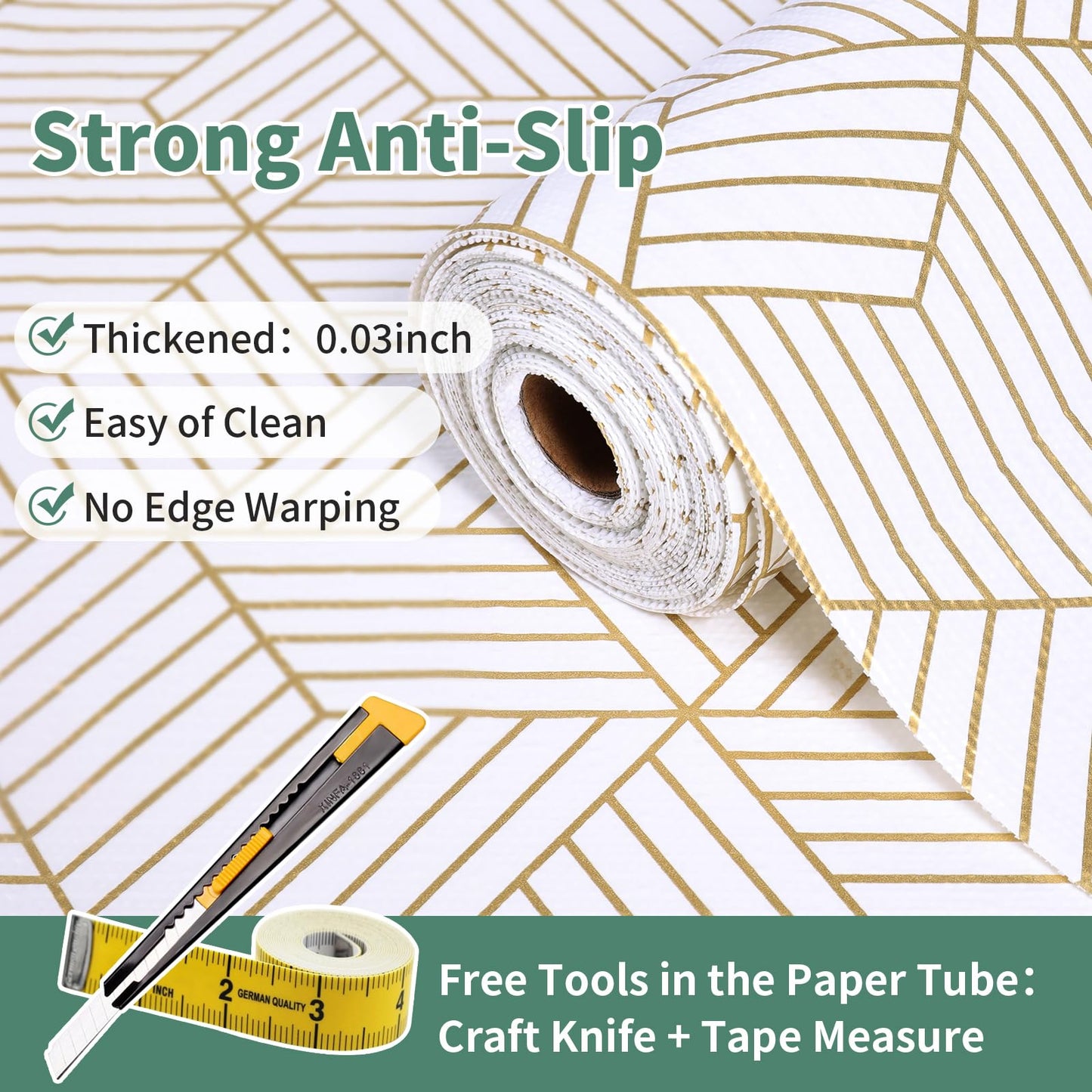 Shelf Liners for Kitchen Cabinets 17in x 30FT, Non Adhesive Cabinet Liner Strong Non-Slip Golden Leaf Drawer Liner, Easy to Clean for Shelf, Cabinet with Knife and Tape Measure