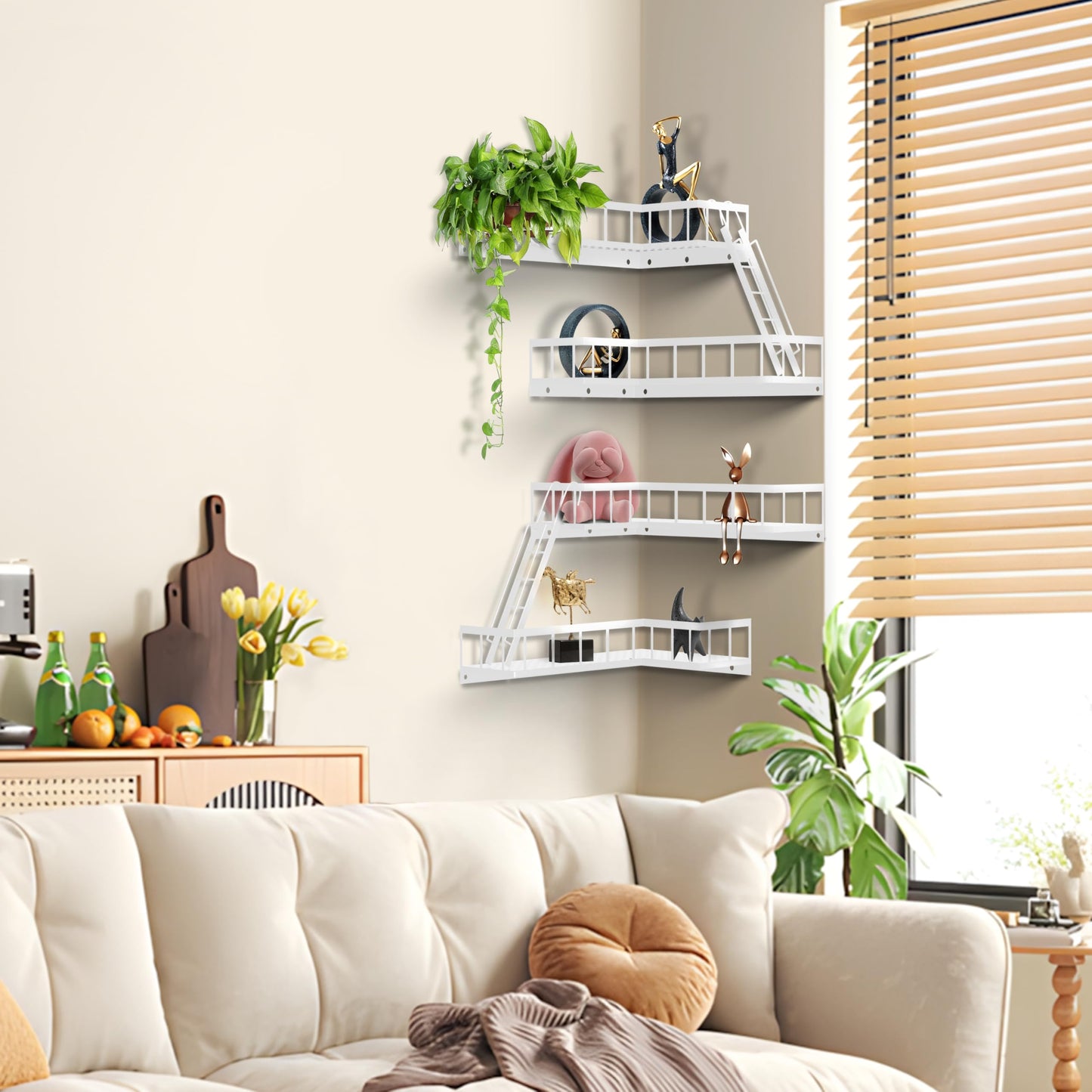 BRLBZXJY Fire Escape Wall Shelf, Modern City Style Corner Wall Shelves, Trinket Figurine Display Knick Knack Shelf Easy to Install, for Bathroom, Living Room & Home Decor, White 4-Tier