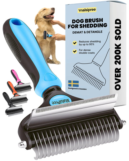 MalsiPree Dog Grooming Brush for Shedding - 2 in 1 Deshedding Tool and Undercoat Rake - Long and Short Haired Dog Brush, Cat Brush - Dematting Comb and Dog Brushes for Shedding (Large, Blue)