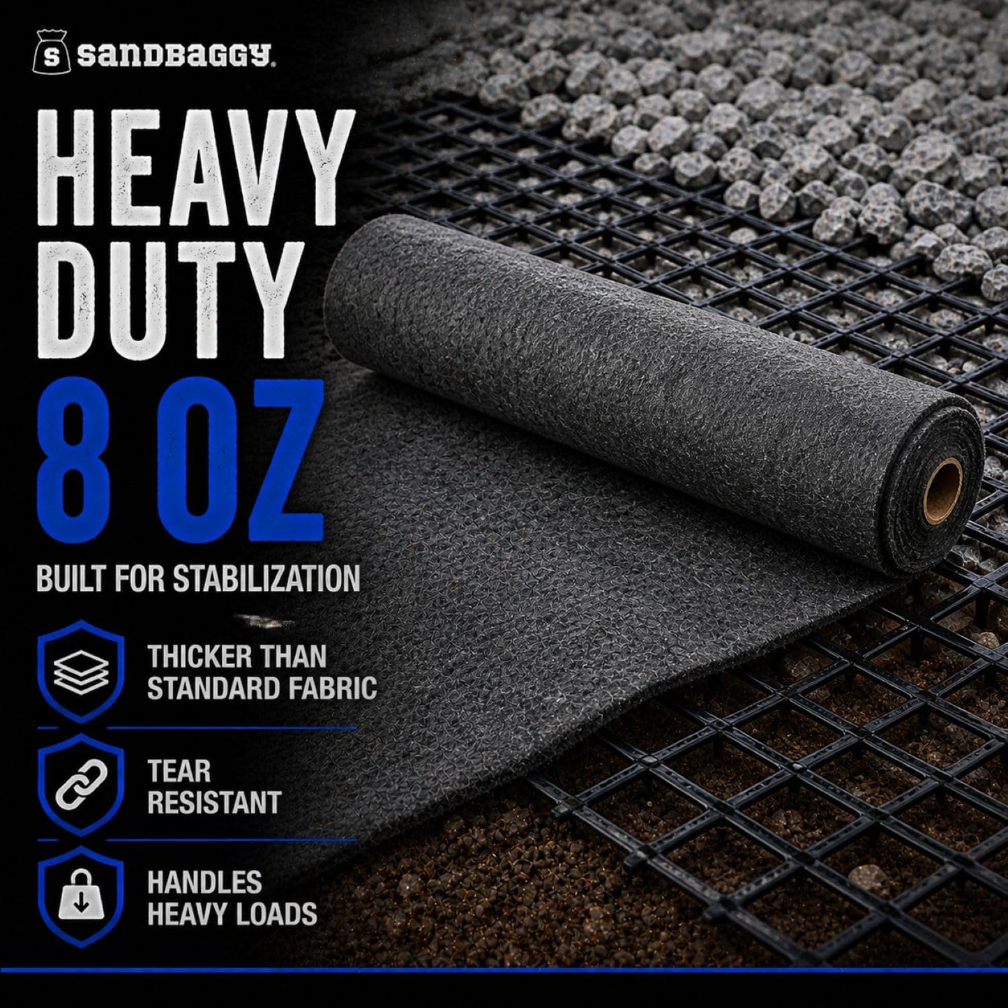 Sandbaggy Geogrid & Geocell Underlayment Fabric | Non-Woven Geotextile (8 oz) – Soil Stabilization for Driveways, Roads & Gravel – Erosion Control for Slopes & Walls | USA Made (10 ft x 100 ft Roll)