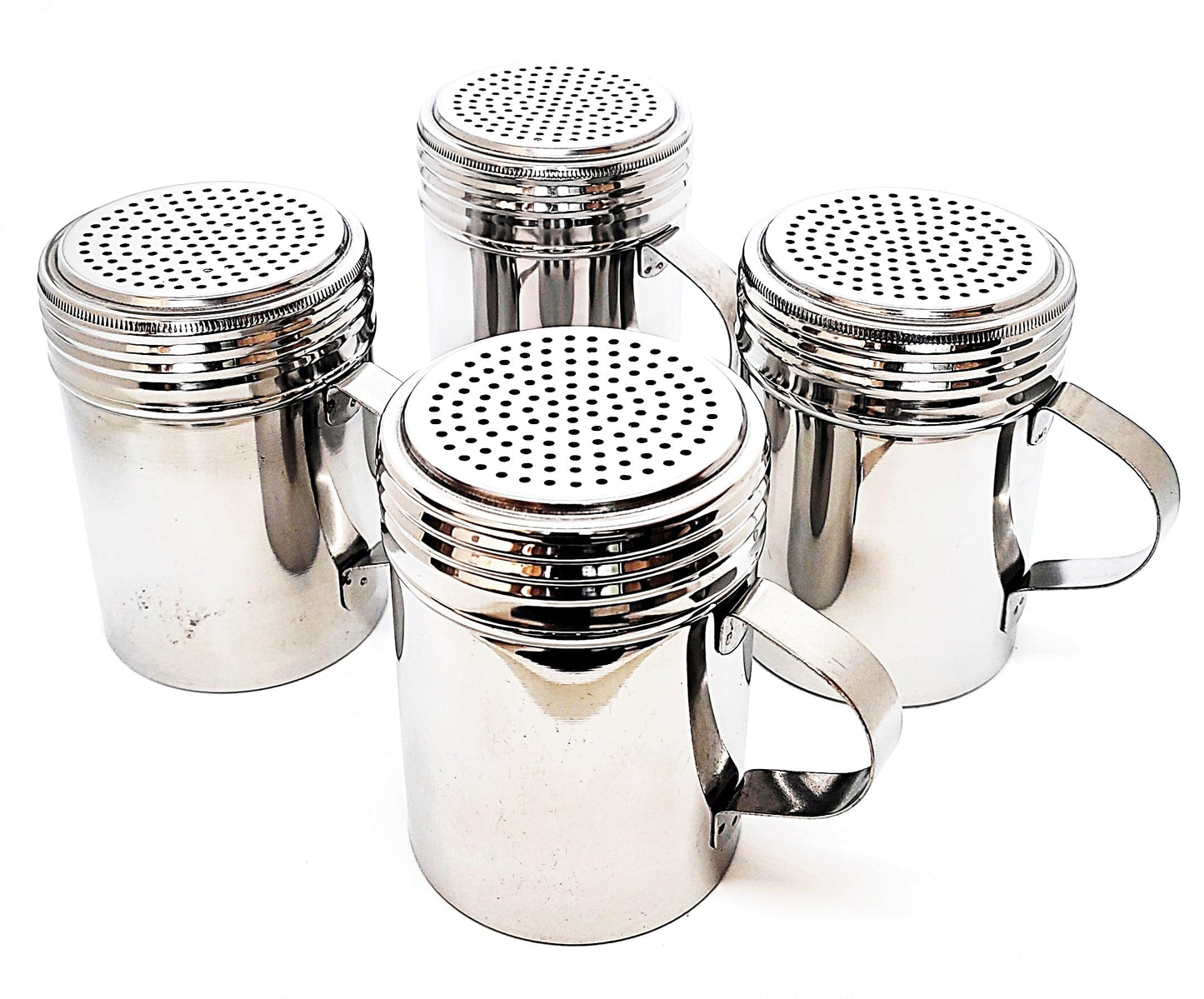 KERAM Metal Salt and Pepper Shakers, Dredge 10 Oz, Pack of 4, powdered sugar/cinnamon/flour/spice/seasoning shaker duster with holes, handle and lids restaurant supplies outdoor kitchen accessories