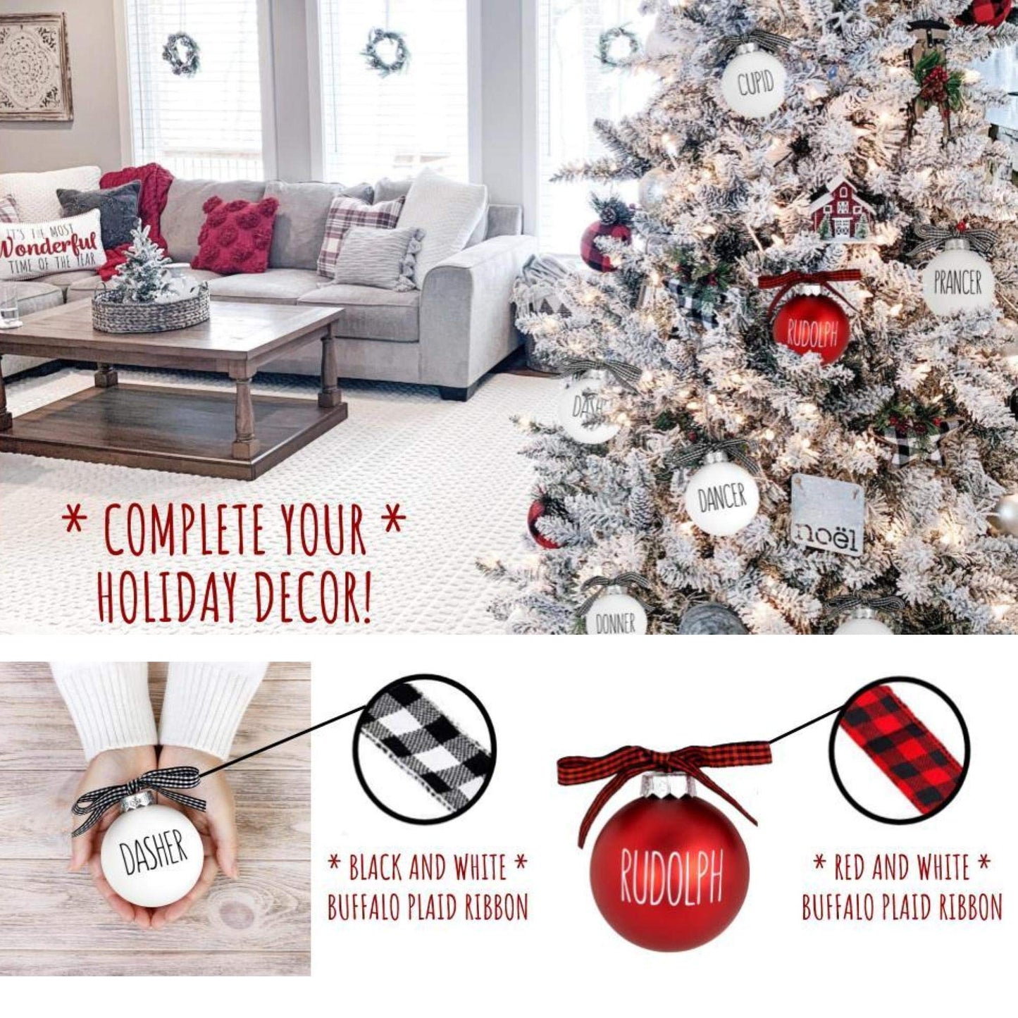 Buffalo Plaid Christmas Tree Ornaments - Set of 9 Shatterproof Bulbs - Farmhouse Reindeer Ornaments with Buffalo Check Bow - Compatible with Rae Dunn Rustic Decorations - Matte White & Red for Rudolph