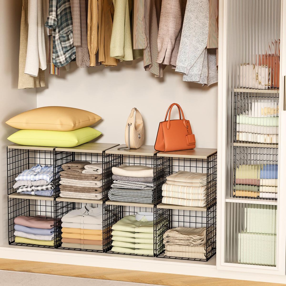 Hencawima 4-Tier Stackable Closet Organizers and Storage, Dual-Layer Reinforced Clothing Cube Shelves with Wood Tops, Sturdy Clothes Storage Bins & Shelf Basket for Wardrobe, Closet Organizer System