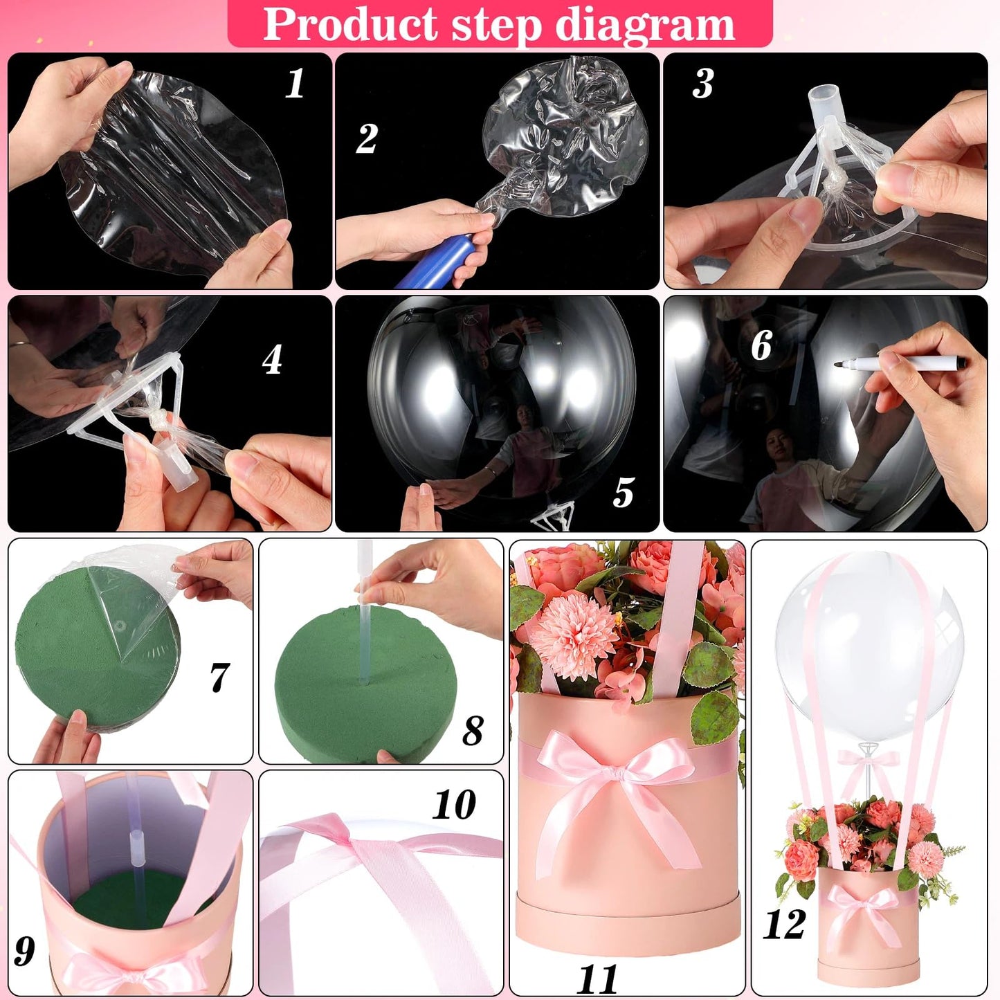 Soulchen DIY Hot Air Balloon Christmas Surprise Gift Box with 20'' Bubble Bobo Balloon Ribbon and Floral Clay for Christmas Wedding Bridesmaids Birthday Anniversary Baby Shower Party Decoration(Pink)