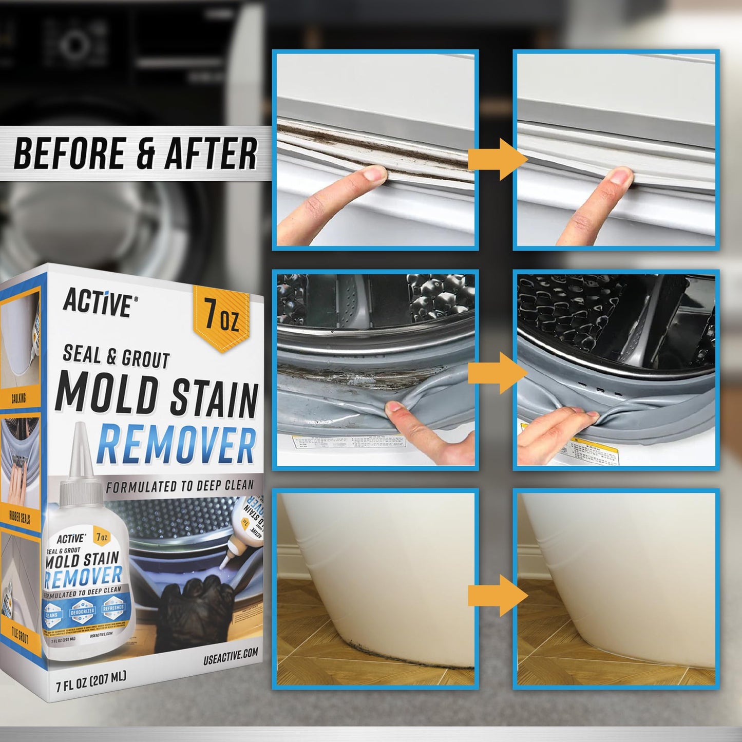 Mould Stain Remover Gel Cleaner - ACTIVE Heavy Duty Stain Cleaner for Front Loader Washing Machine Seal, Rubber Gasket, Bathroom Grout, Shower, Caulk - Front Load Washer Cleaning Solution - 7 Fl Oz