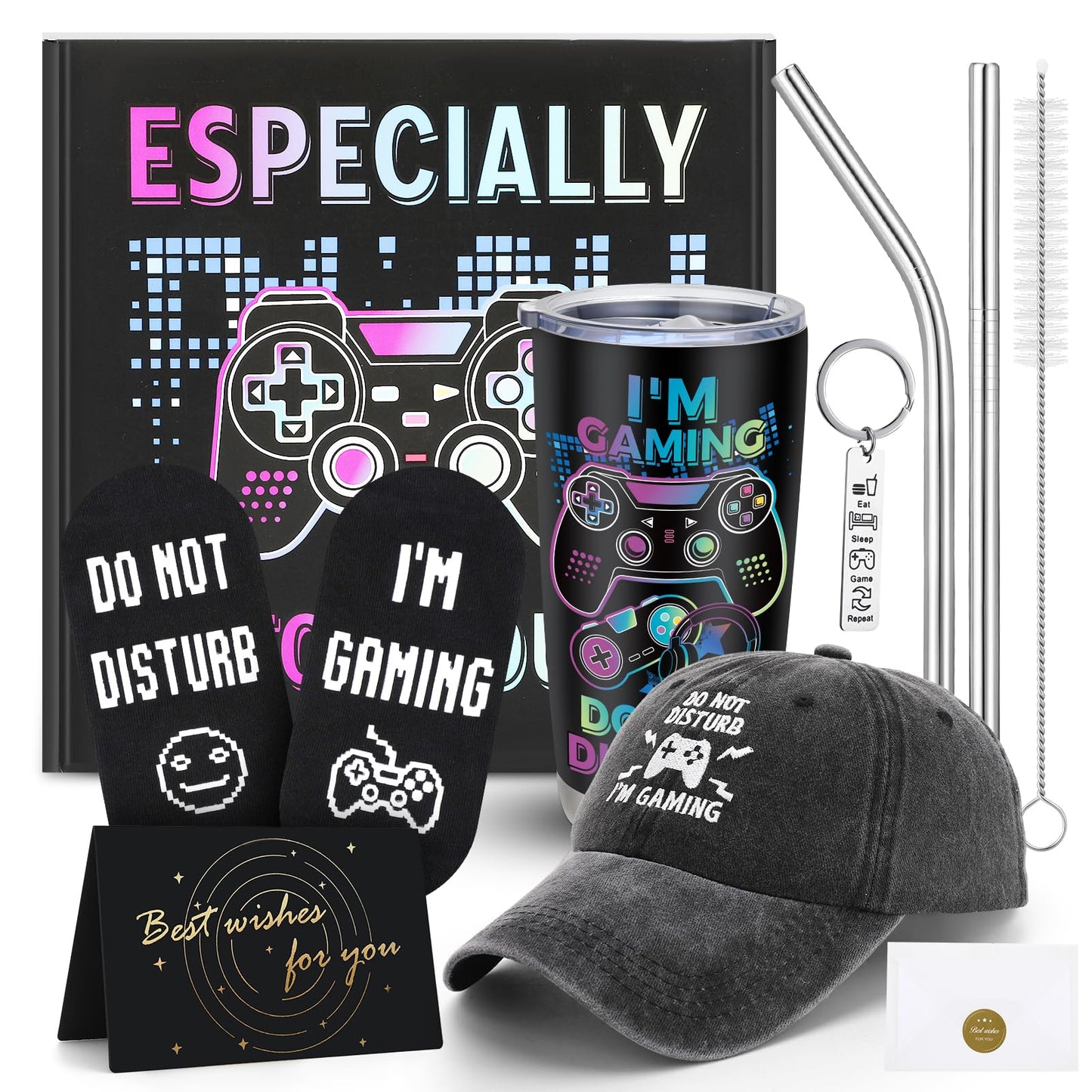 Fingertip WD 6 Pcs Gamer Gifts for Game Lover with Baseball Cap Insulated Tumbler Socks Keychain Greeting Card Gift Box for Women Men Boyfriend Girlfriend Birthdays Gifts