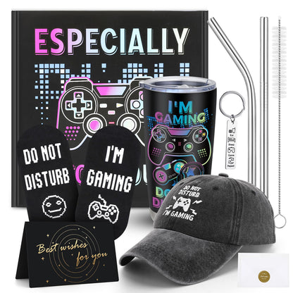 Fingertip WD 6 Pcs Gamer Gifts for Game Lover with Baseball Cap Insulated Tumbler Socks Keychain Greeting Card Gift Box for Women Men Boyfriend Girlfriend Birthdays Gifts