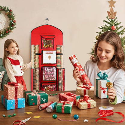 Woodoulogy Hanging Gift Wrapping Paper Storage, 40"X17" Red Double-Sided Christmas Wrapper Bag Container, Oxford Craft Roll Organizer, Present Wrap Holder for Bedroom Closet, Door, Cabinet
