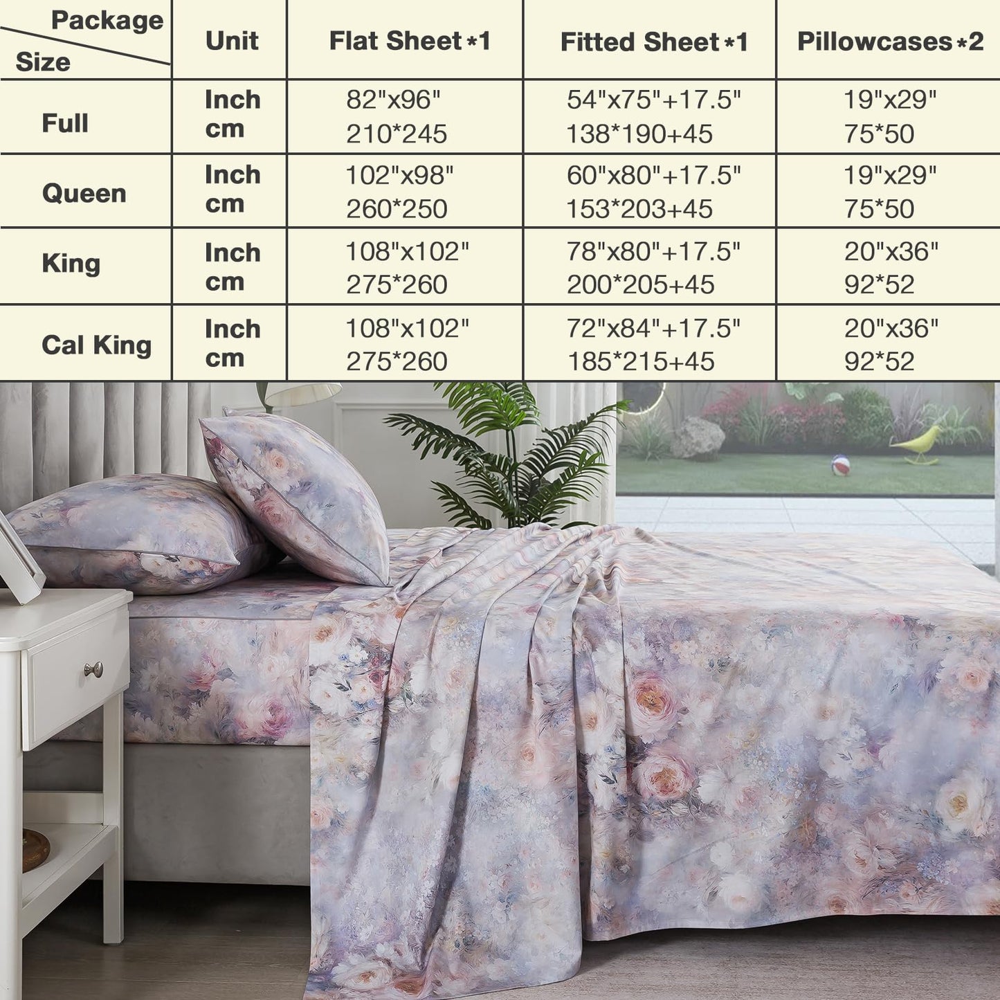 Puralens Vintage Floral Percale Sheets, Queen 100% Cotton Shabby Chic Sheet Set, Soft Crisp Purple Flower Bed Sheets, Cozy House Bedding, Deep Pocket Fitted Sheet, White Pink Rose Patterned, 4Pcs