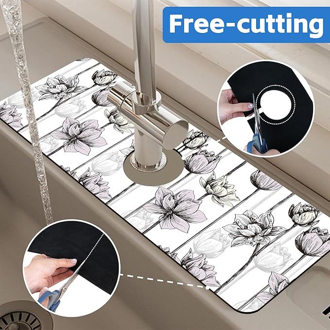 Water Lily Flower Kitchen Sink Splash Guard Mat Absorbent Fast Drying Mat
