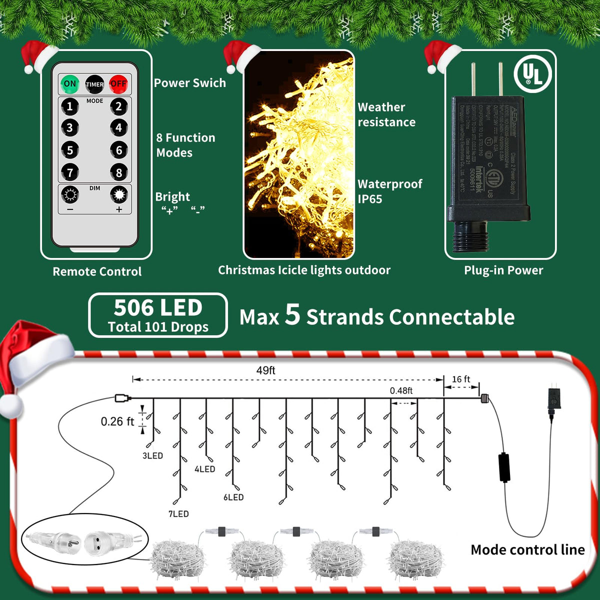 Ryblgled Plug-in Icicle Christmas Lights Waterproof - 65Ft 506 LED Icicle Lights for Outside Decorations with Remote, Warm White Icicle String Lights for Outdoor Indoor House Balcony Decor