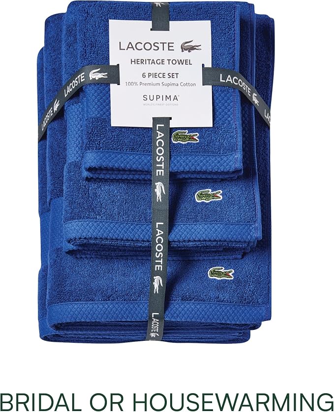 Lacoste Heritage Supima Cotton 6-Piece Towel Set, 2 Bath Towels, 2 Hand Towels