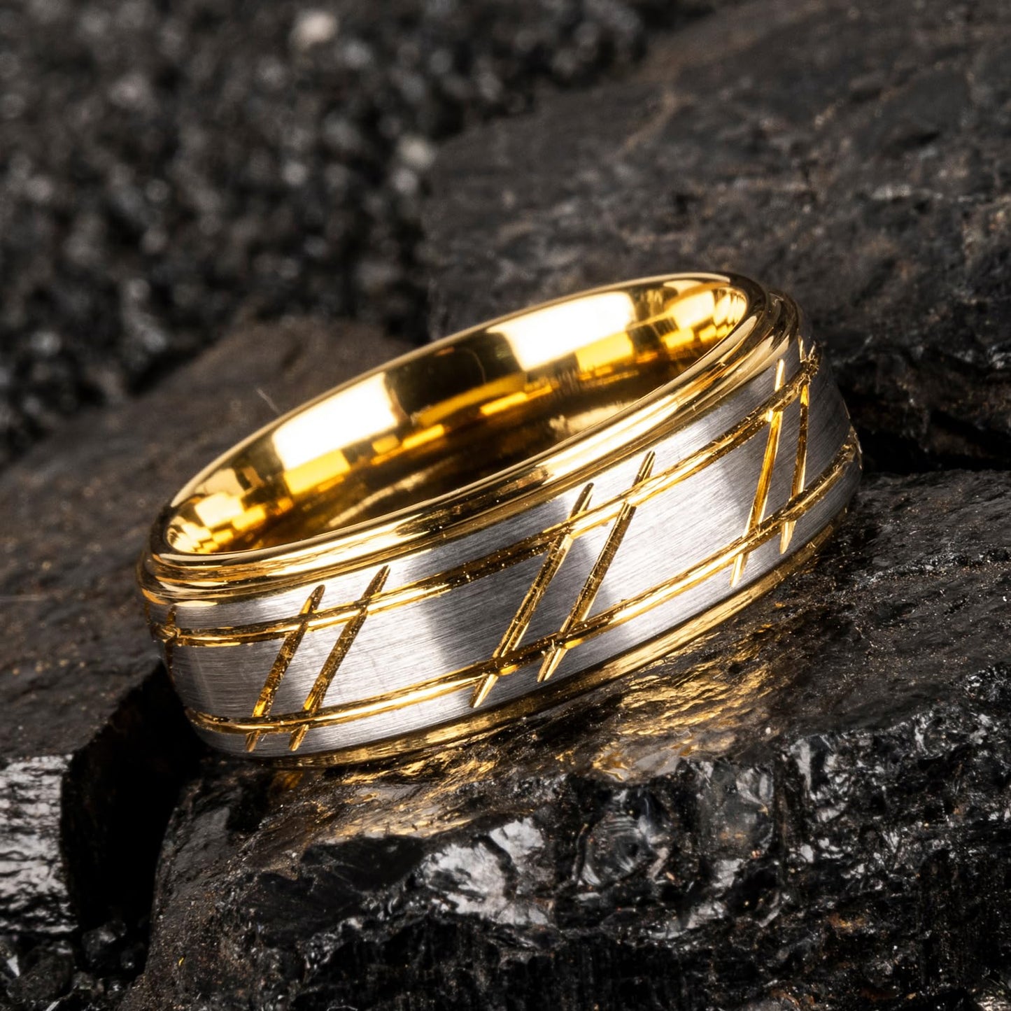 JEWPER 8mm Men Womens Wedding Band Tungsten Rings Gold Fashion Promise Carbide Silver brushed groove design on the outer ring Matte Finish Edge Comfort Fit size(6)
