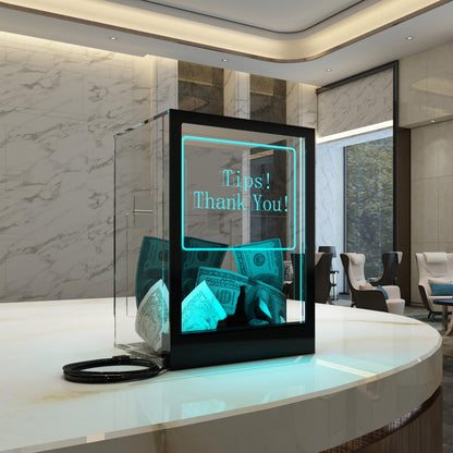 HEMYLU Tip Jar with 2 Sign Holders, LED Light & Lock for Bar & Party, Donation Box with Sign Holder ''Tips! Thank You!'', Suggestion Box with DIY Blank Sign Holder for Getting Cards, Voting & Ballots