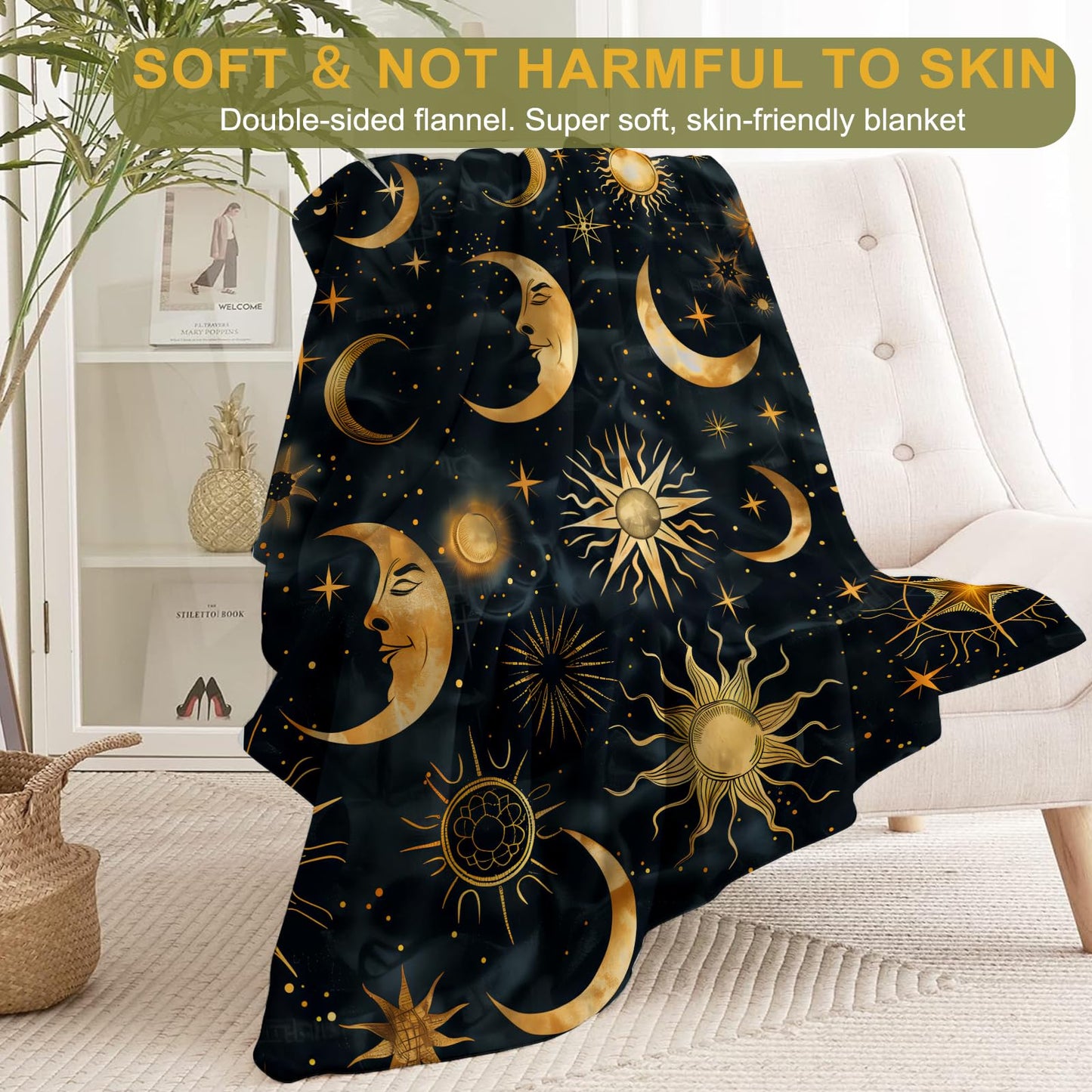 ainori Celestial Flannel Blanket - Sun, Moon, and Stars Throw,Playful Gifts for Adult & Mystical Lovers, Ultra Soft & Warm,Lightweight, for Couch Bedroom Living Room Modern Decor 50x60in