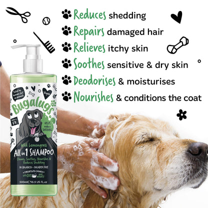 BUGALUGS Deshedding Shampoo for dogs works great alongside dog deshedding brush, de shedding dog shampoo