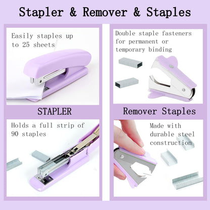 Purple Office Desk Accessories Supplies, 12pcs Desk Organizers and Accessories with Tape dispenser and Stapler,Staples,Staple Remover,Pen Holder,Scissor,Ruler,Sticky Tabs,Tape,Ballpoint Pen,Clips Set