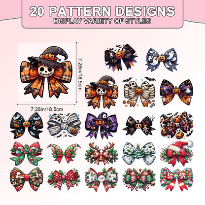 Shejdgart Dtf Transfers Ready to Press - 20 Pcs Halloween Christmas Bow Iron on Patches for T-Shirts, Pumkin Bat Heat Transfer Designs Vinyl Stickers, Iron on Decals for Clothes Bags, DIY Party Décor