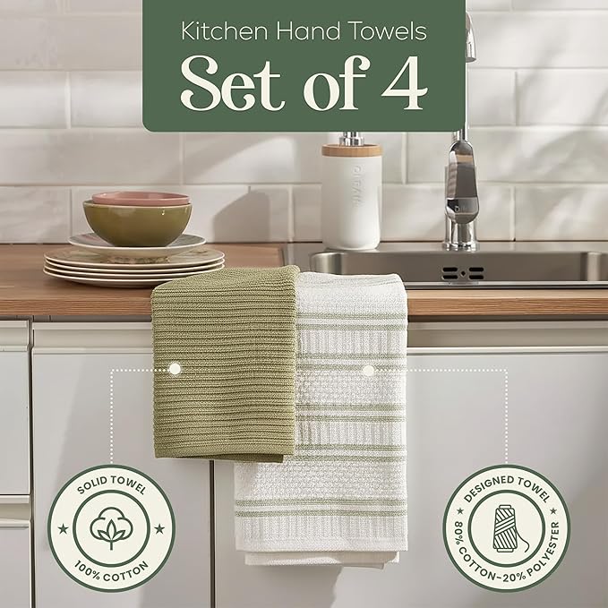 MosJos Kitchen Towels, Cotton Hand Towels, Sage Green and Cream Ribbed