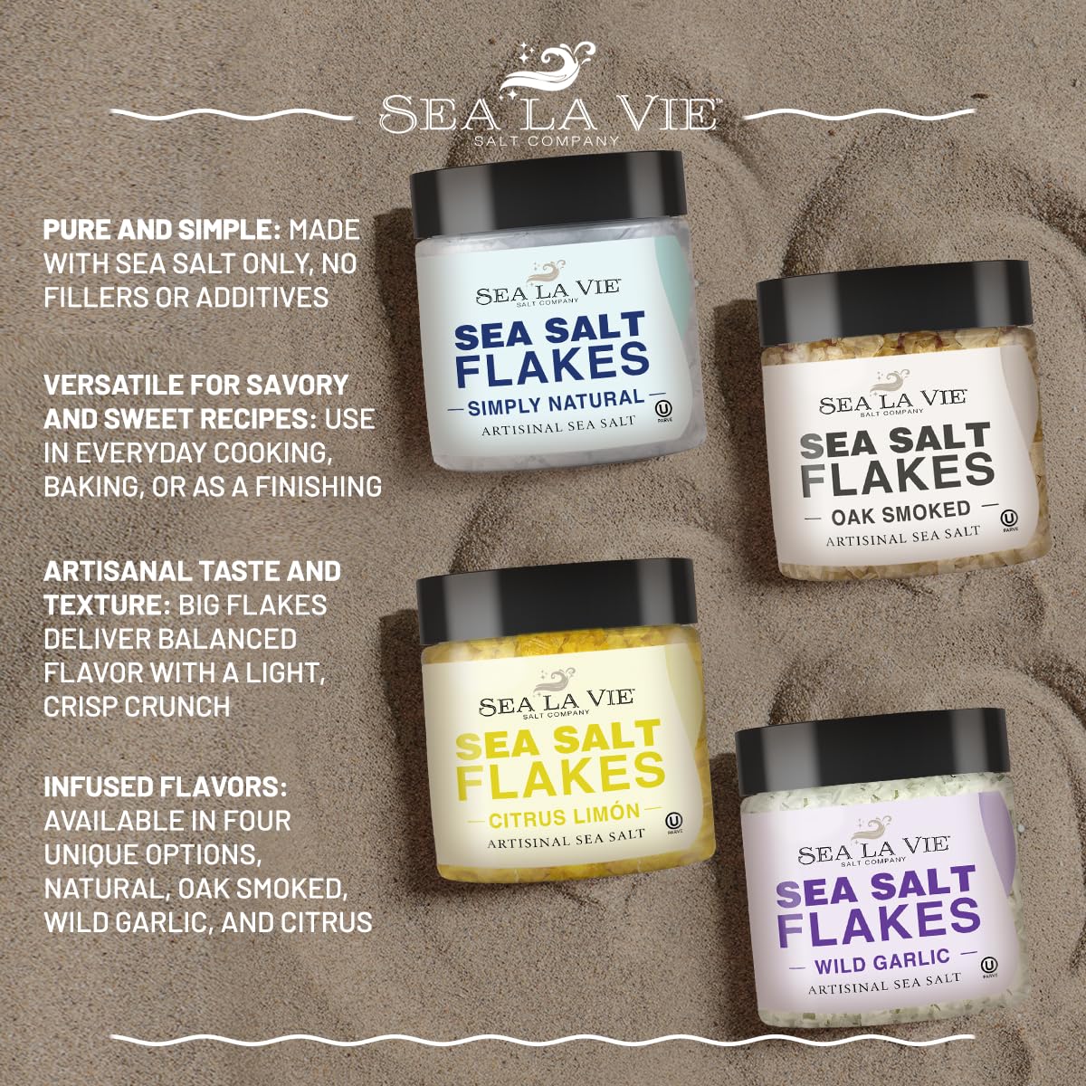 Sea La Vie, Salt Flakes, Set of 4 x 3.5 oz, Variety Pack, Kosher Handcrafted Gourmet Flakey Finishing Salt Pyramids from the Mediterranean Sea