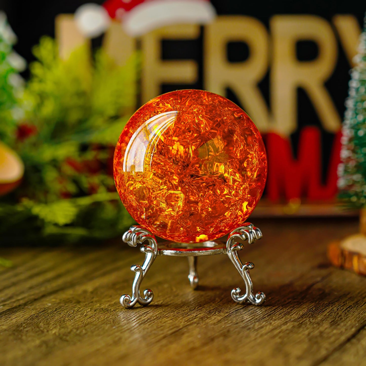 kanpura 2.3inch Amber Ice Cracked Ball Crystal Ball Fengshui Paperweight Glass Ball for Christmas Home Fish Tank Accessories Rockery Decor