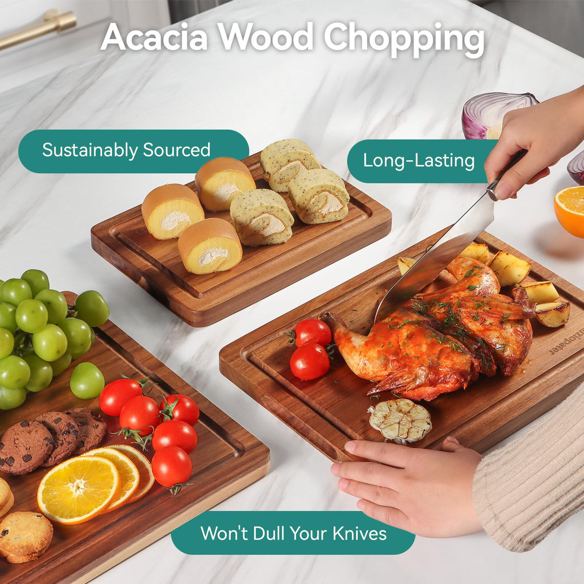 LAZIOPATER Wood Cutting Board Set, 3-Piece Rectangular Boards for Kitchen, 18x12x0.75 Inches, Hand Wash Only (Acacia Wood)
