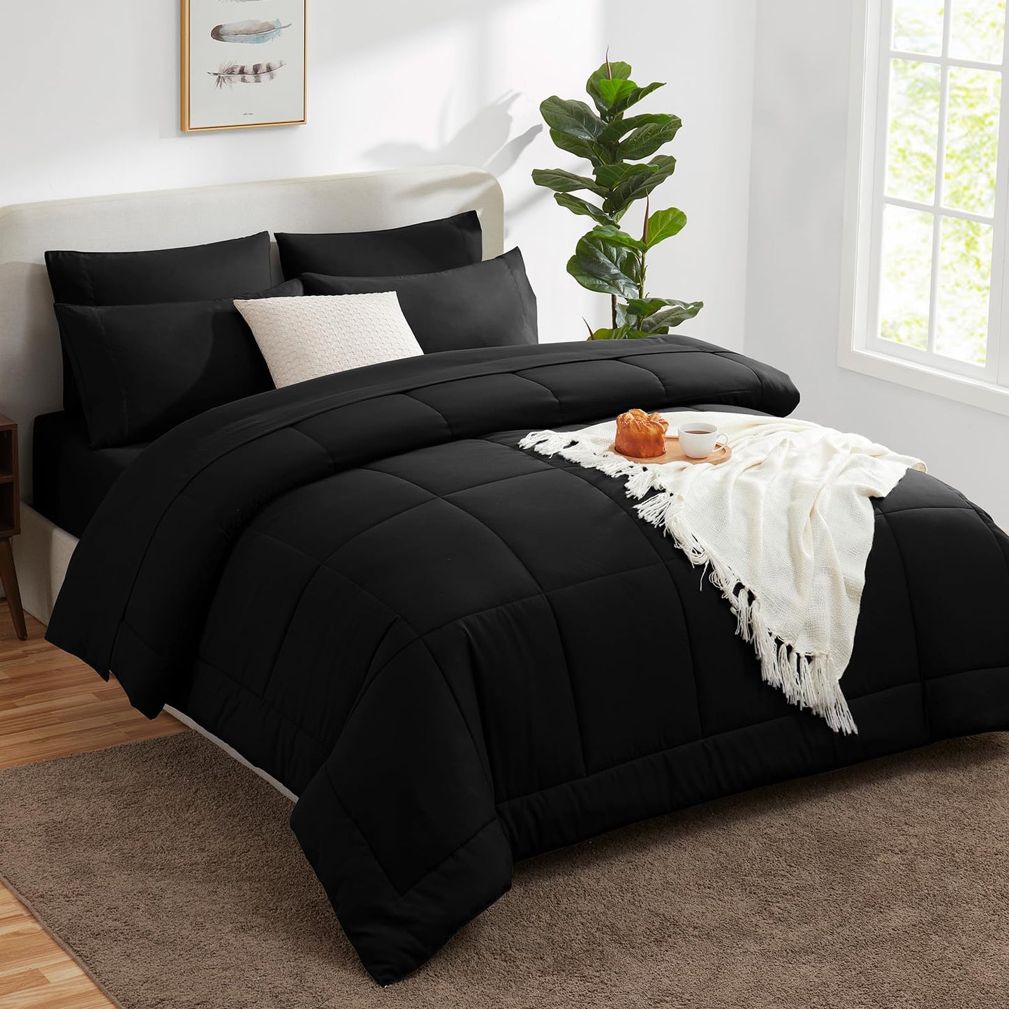 CozyLux Queen Comforter Set Black, 7 Pieces Bed in a Bag, Black Comforters Queen Size, All Season Bedding Sets with Stitch Quilted Comforter, Flat Sheet, Fitted Sheet, Pillowcases