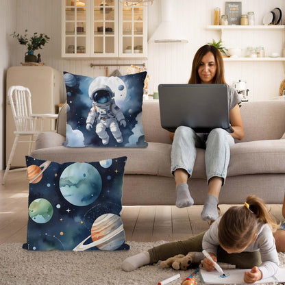 Likjad Space Pillow Covers 18x18 Set of 2, Space Decor for Boys Room, Blue Cosmic Planets Astronaut Decorative Throw Pillow Covers for Kids Boys Room Playroom Nursery Decor