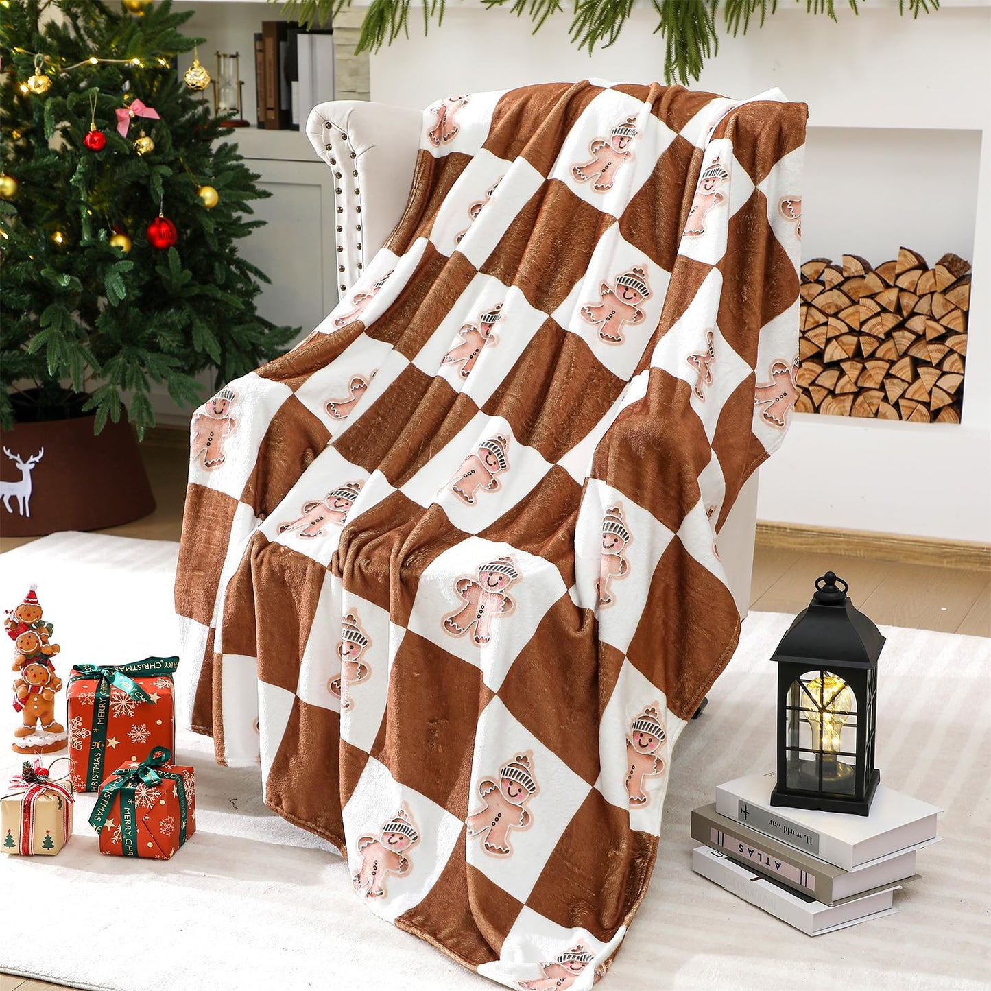Tingjoo Christmas Gingerbread Man Throw Blanket Double Sided Xmas Fuzzy Blanket Brown White Cozy Soft Flannel Decor for Home Bed Sofa Couch Chair Xmas Gifts, 60 x 50 Inch (White Brown, Gingerbread)