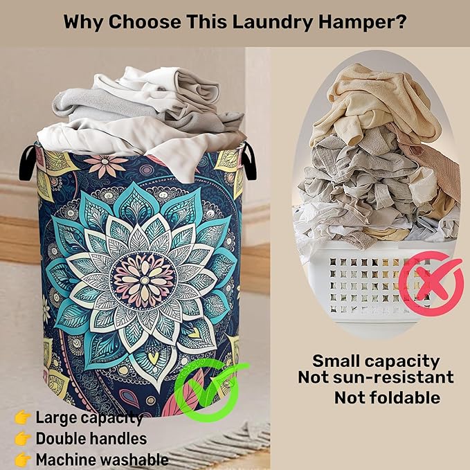 Bohemian Blue Flowers Laundry Basket, Dirty Clothes Basket, Water Resistant