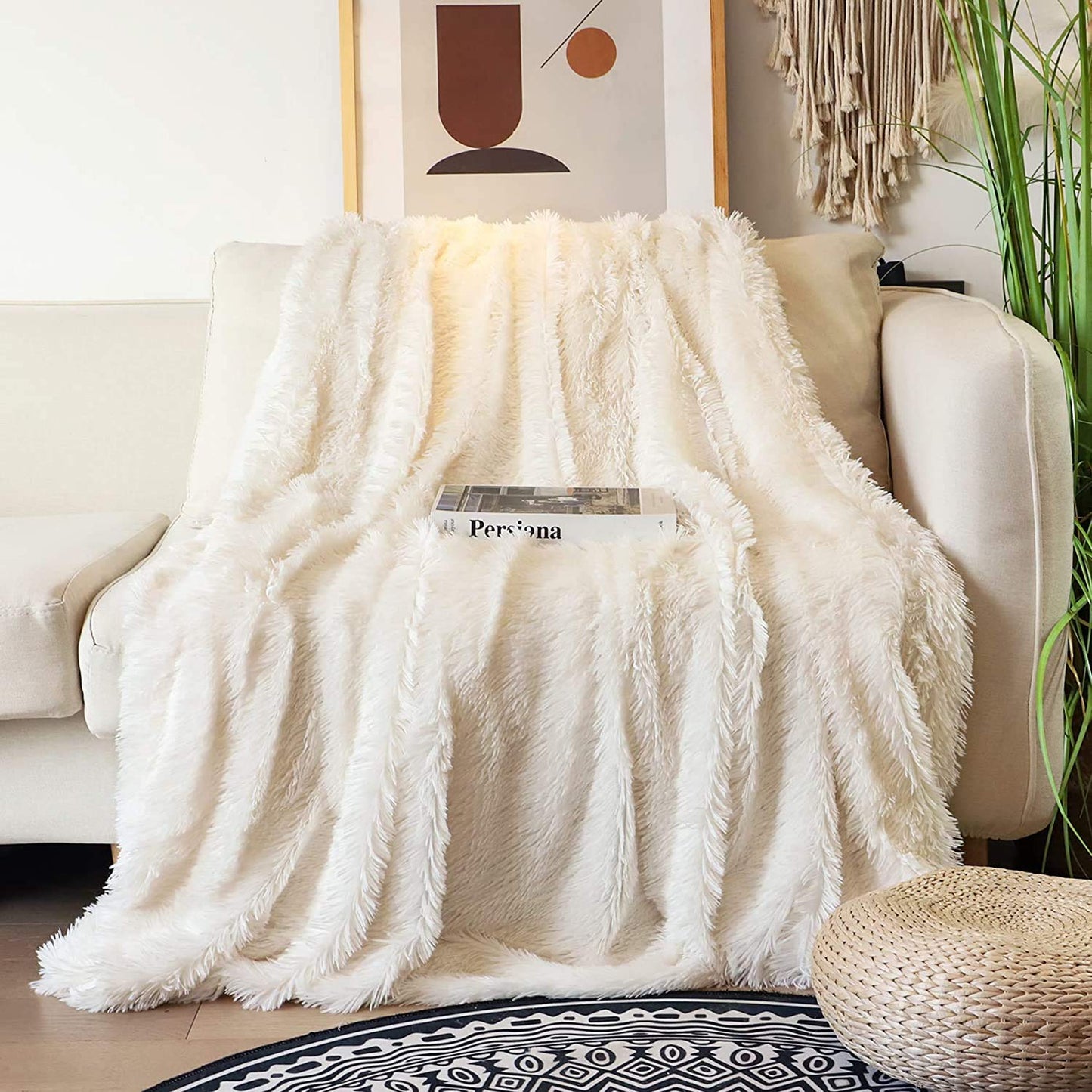 Tuddrom Decorative Extra Soft Faux Fur Blanket Twin Size 70" x 78",Solid Reversible Fuzzy Fluffy Cozy Plush Blanket for Couch Sofa Bed,Cream White