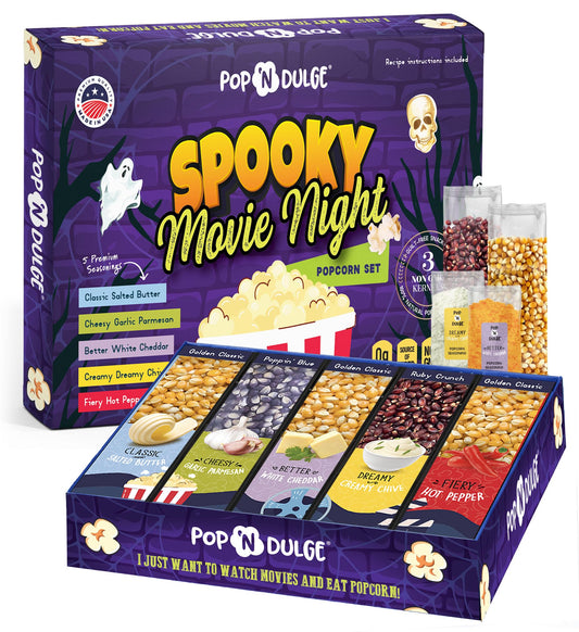Halloween Gifts Popcorn Spooky Movie Night Gift Basket Gourmet Kernels and Seasoning Variety Pack, 3 Color Kernels and 5 Flavorings, Non-GMO, Kosher, Gluten Free Scary Popcorn Gifts, 10 Pack