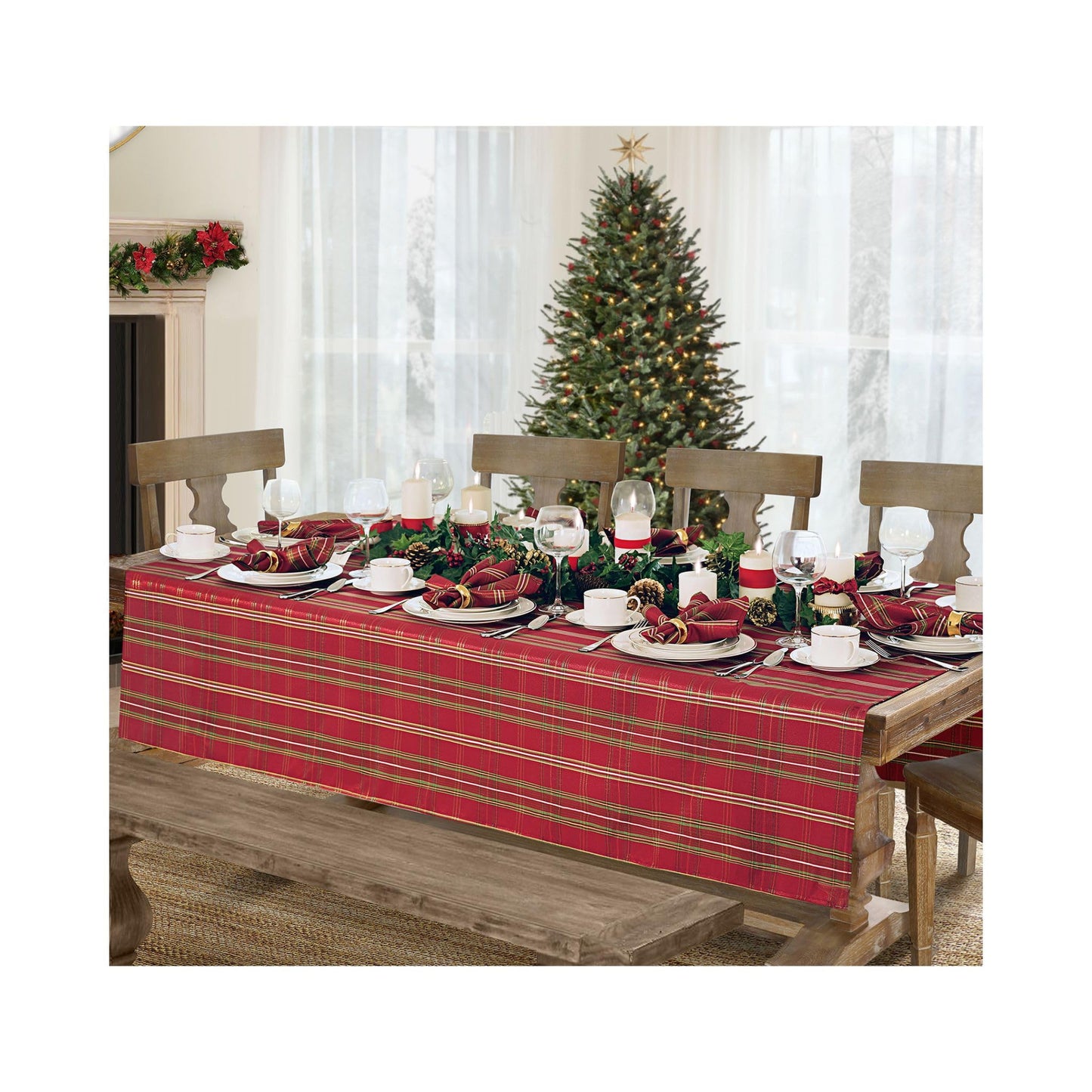 Elrene Home Fashions Shimmering Plaid Holiday Fabric Tablecloth, 60" x 120", Red