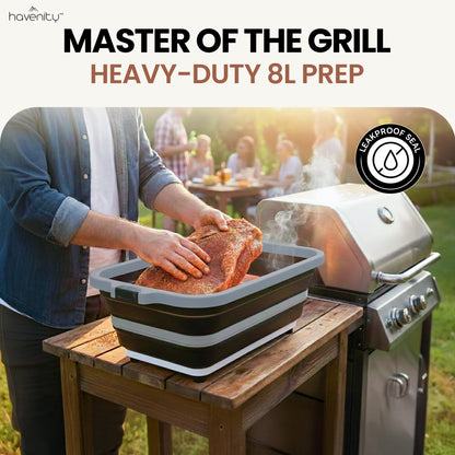 Havenity BBQ Prep Tub 2 Pack (8L+8L) - Multifunctional Collapsible Camping Cutting Board with Upgraded Locking lid, Meal Prep Meat Storage Container Perfect for Grilling, Outdoor Cooking (Large x 2)